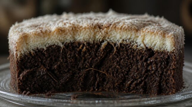 Delicious chocolate sponge cake slice covered with shredded coconut topping