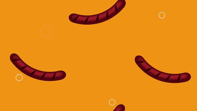 Animated falling sausages on orange background motion footage, delicious meat product falling down in seamless loop.