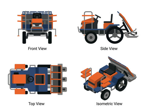 Multi-view illustration of an industrial rice transplanter machine featuring front, side, top, and isometric angles for agricultural equipment design