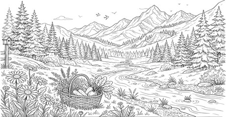 Obraz premium Hand drawn mountain valley landscape vector illustration with picnic basket stream river pine trees and flowers