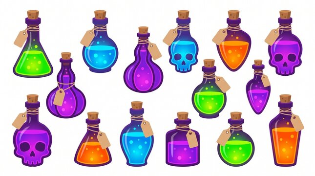 Various cartoon magic potion bottles with cork stoppers and tags on white background, neon green, blue, purple, skull, alchemy, halloween, elixir, jar