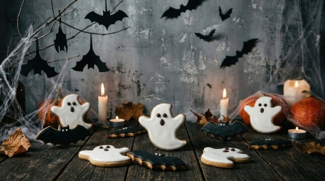 spooky halloween background featuring ghost cookies and bats on gray