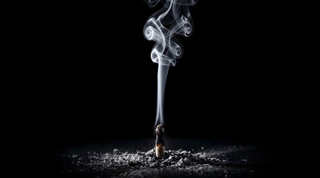 A burnt stick surrounded by scattered ash releases a graceful column of swirling smoke into the dark, symbolizing the lingering essence of memories and impermanence.