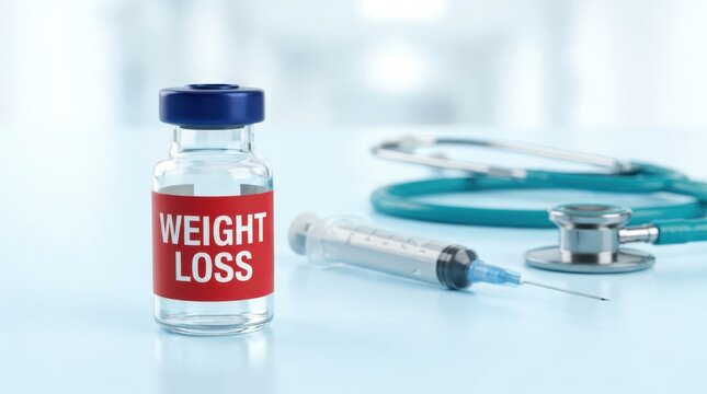 Weight loss medicine vial beside medical syringe and stethoscope supports clinical obesity treatment concept.