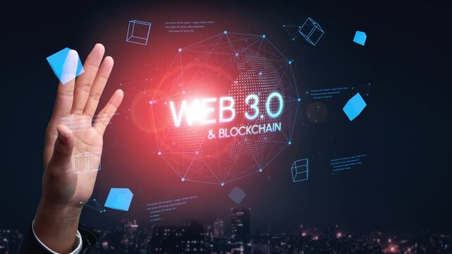 Futuristic Concept of Web 3.0 and Blockchain Technology with Hand Interacting with Digital Elements Against Urban Night Skyline. Entropy.