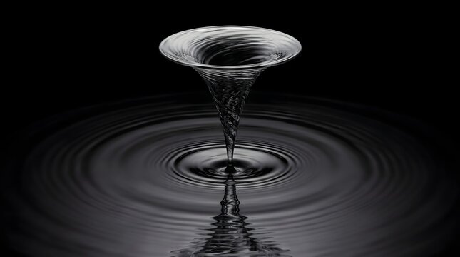 A monochrome liquid vortex swirling into calm ripples, symbolizing the transformation of chaotic thoughts into deep focus and clarity.