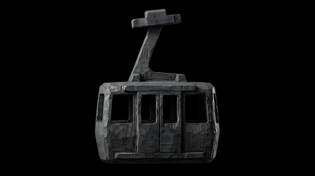 A rugged clay cable car suspended in pitch-black emptiness, symbolizing an isolated journey through the dark unknown toward elevated horizons.
