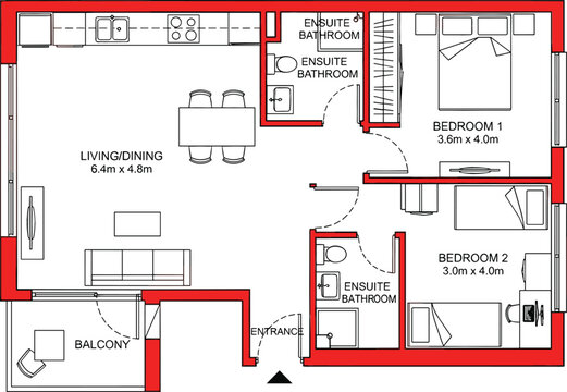 Modern two bedroom apartment architectural floor plan layout with living dining area ensuite bathrooms and exterior balcony