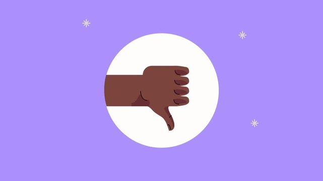 Animation of hand with thumb down showing dislike gesture or negative feedback on purple background.
