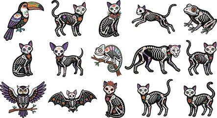 Fototapeta premium Mexican day of the dead sugar skull animal skeleton collection featuring decorated cats dog owl bat toucan and lizard