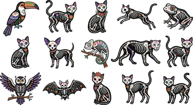 Mexican day of the dead sugar skull animal skeleton collection featuring decorated cats dog owl bat toucan and lizard