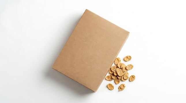 Blank brown cardboard cereal box template with a small pile of crunchy corn flakes next to it. blank cereal box
