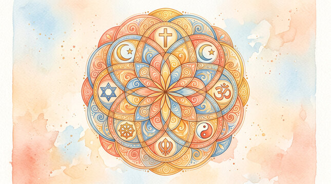 A colorful watercolor mandala featuring various religious and spiritual symbols arranged in a circular pattern with incorporates multiple religious within intricate watercolor