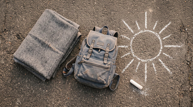A grey backpack and folded wool blanket placed on asphalt beside a chalk sun drawing with blanket rest pavement drawn white chalk worn backpack pavement next with exploration