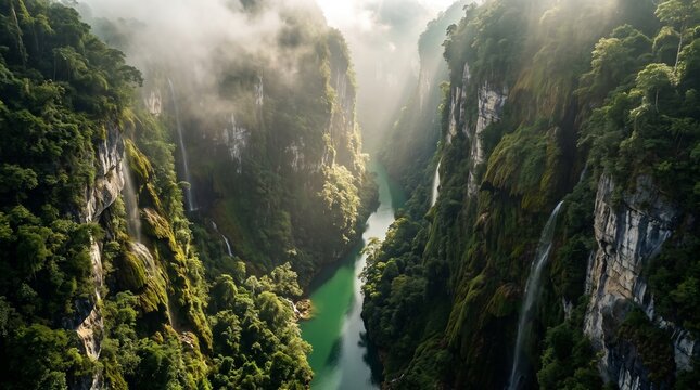 Majestic aerial view of a vibrant green river flowing through a deep jungle canyon with steep cliffs, waterfalls, and morning mist, ideal for nature documentaries