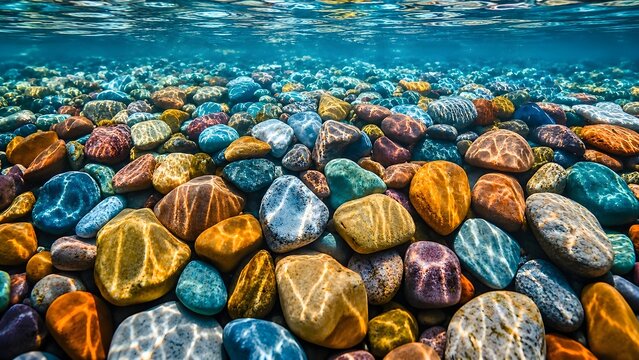 Underwater view of colorful smooth pebbles and sun rays on the clear water surface