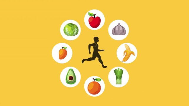 Healthy lifestyle animation with athlete silhouette running surrounded by floating fresh fruits and vegetables.