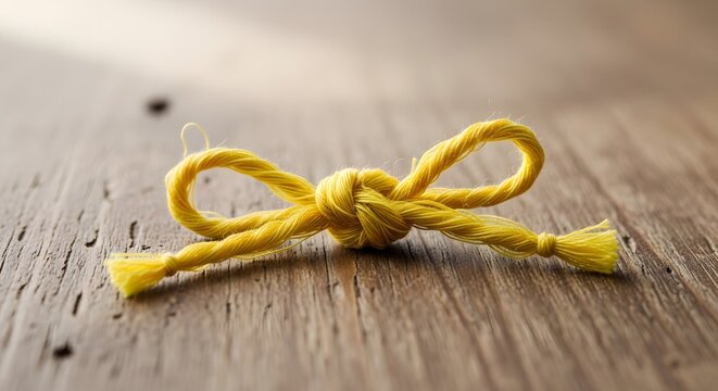 Small yellow string tied in a decorative bow on wood