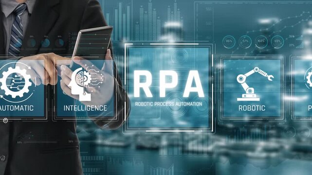 Businessman Using Tablet in Front of Robotic Process Automation Interface with Graphs and Icons Representing Technology Solutions Sigmoid