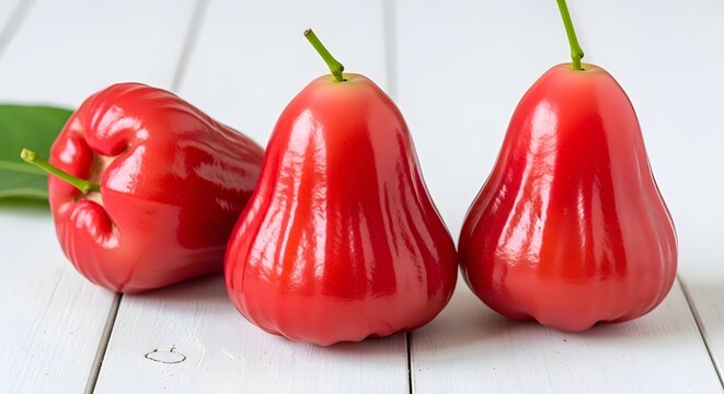 Three shiny red rose apples on rustic white wooden planks