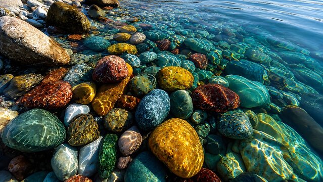 Colorful smooth stones under crystal clear water on a lake shore