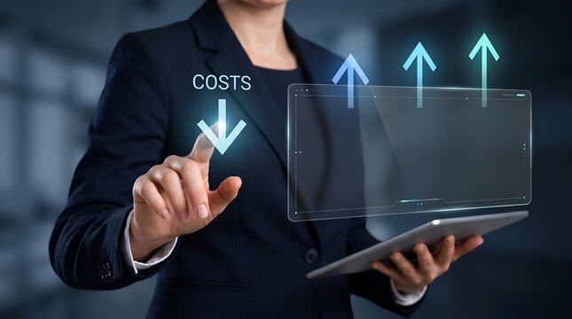 Businesswoman pointing at costs down arrow on futuristic screen