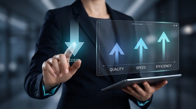 Businessperson reduces costs and increases quality, speed, efficiency on digital interface