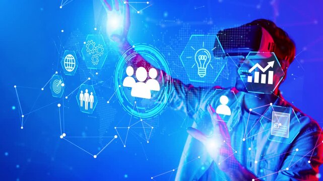 Person Using Virtual Reality Headset in Futuristic Digital Environment with Icons Representing Technology, Data, and Innovation. Entropy.