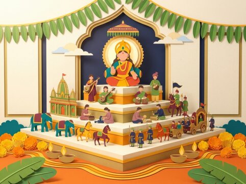 Dussehra Vijayadashami layered paper cut illustration of festival scene