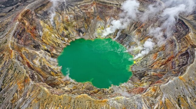 Breathtaking aerial view of an active volcanic crater emitting sulfur smoke with a striking bright green acidic lake at its center