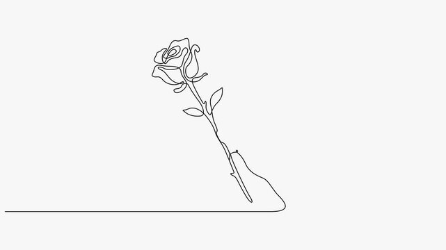 Continuous One Line Drawing Animation Of Human Hand Holding Rose Flower White Background