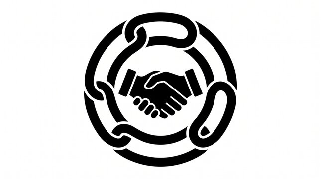 Black handshake icon enclosed in a circular chain link, symbolizing strong business partnership, global connectivity, and unified cooperation.