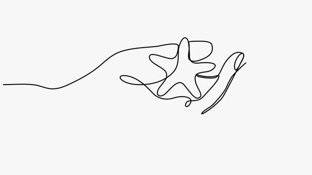 Continuous One Line Drawing Animation Of Human Hand Holding Starfish White Background