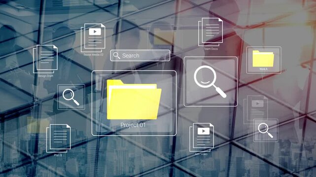 Digital Organization Concept with Yellow Folder on Transparent Screen Over Cityscape, Depicting File Management and Search Functionality in Modern Workplace Gluon.