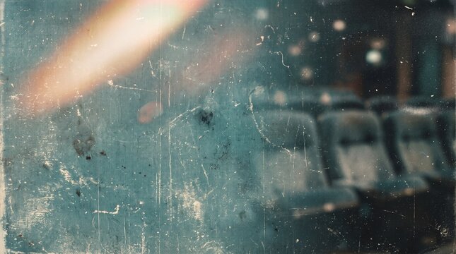 Vintage cinema interior with empty seats, retro movie theater background with film scratch texture, nostalgic cinema hall