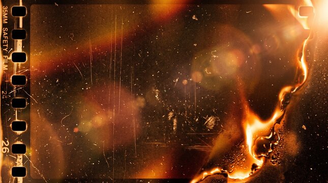 Vintage 35mm film strip frame with burn holes, scratched analog texture with light leaks, retro cinematic overlay
