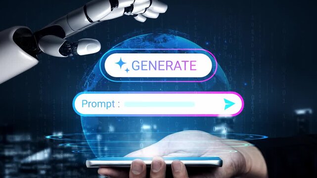 Futuristic Interaction between Human and Robot, Showing Hand Taking Input from Smartphone with Artificial Intelligence Concept and Background Technology Gluon.