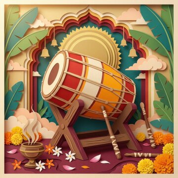 Vibrant layered paper cut drum with festive cultural motifs and arches