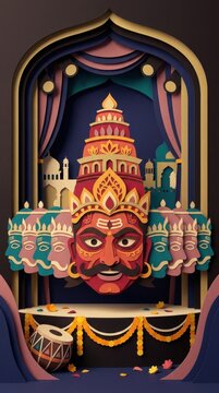 Dussehra paper cut illustration with festival stage and decorative lamps