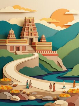 Layered paper cut illustration of Dussehra Vijayadashami cultural festival scene
