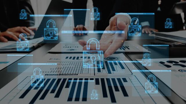 Digital Security Concept with Lock Symbols Over Financial Reports in an Office Setting During a Business Meeting and Data Analysis. Entropy.