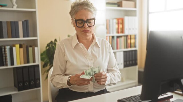 Woman counts dollar bills with hands at office desk beside computer and bookshelves in building; financial frustration.
