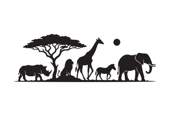 Obraz premium African safari wildlife silhouette. Wild animals silhouettes.