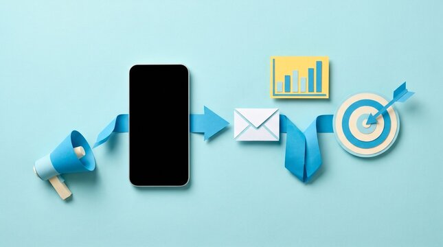 Conceptual digital marketing and swift communication workflow with smartphone, megaphone, email, and data chart leading to a business target on blue background.