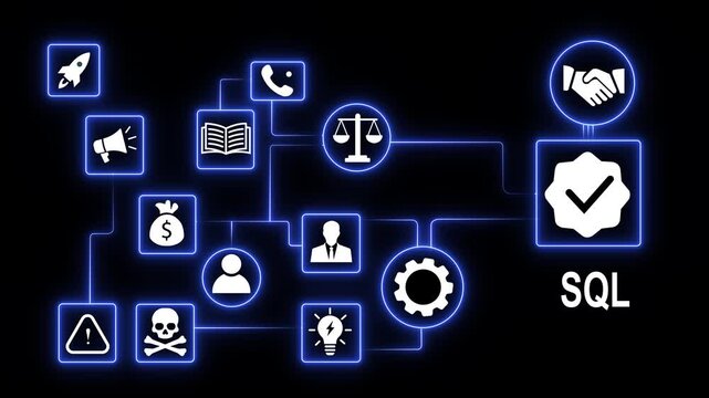 Dynamic sql database management network infographic featuring glowing neon connected for business intelligence, data security, financial growth, and corporate strategy analysis in modern technology