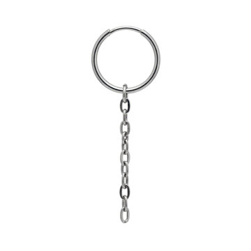 Single silver hoop earring featuring a hanging vertical chain link drop attachment isolated on a transparent background