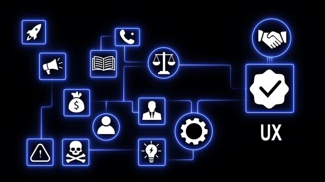 Dynamic digital ux infographic animation featuring glowing neon blue for user experience, business strategy, networking, and modern corporate technology solutions on dark background
