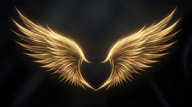 Pair of majestic glowing golden angel wings made of glittering light particles
