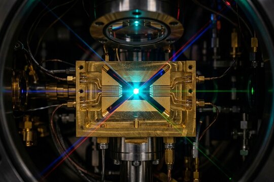 Trapped Ion Quantum Computing Vacuum Chamber with Glowing Qubit Particles and Precision Laser Control