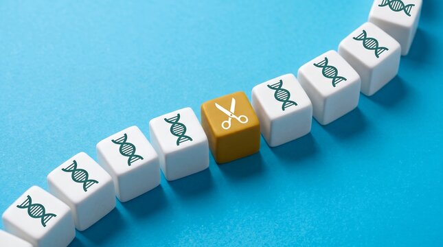 White blocks featuring DNA strand symbols arranged in a curved line with one central yellow block displaying a scissor icon representing gene editing concept photography manipulation biotechnology